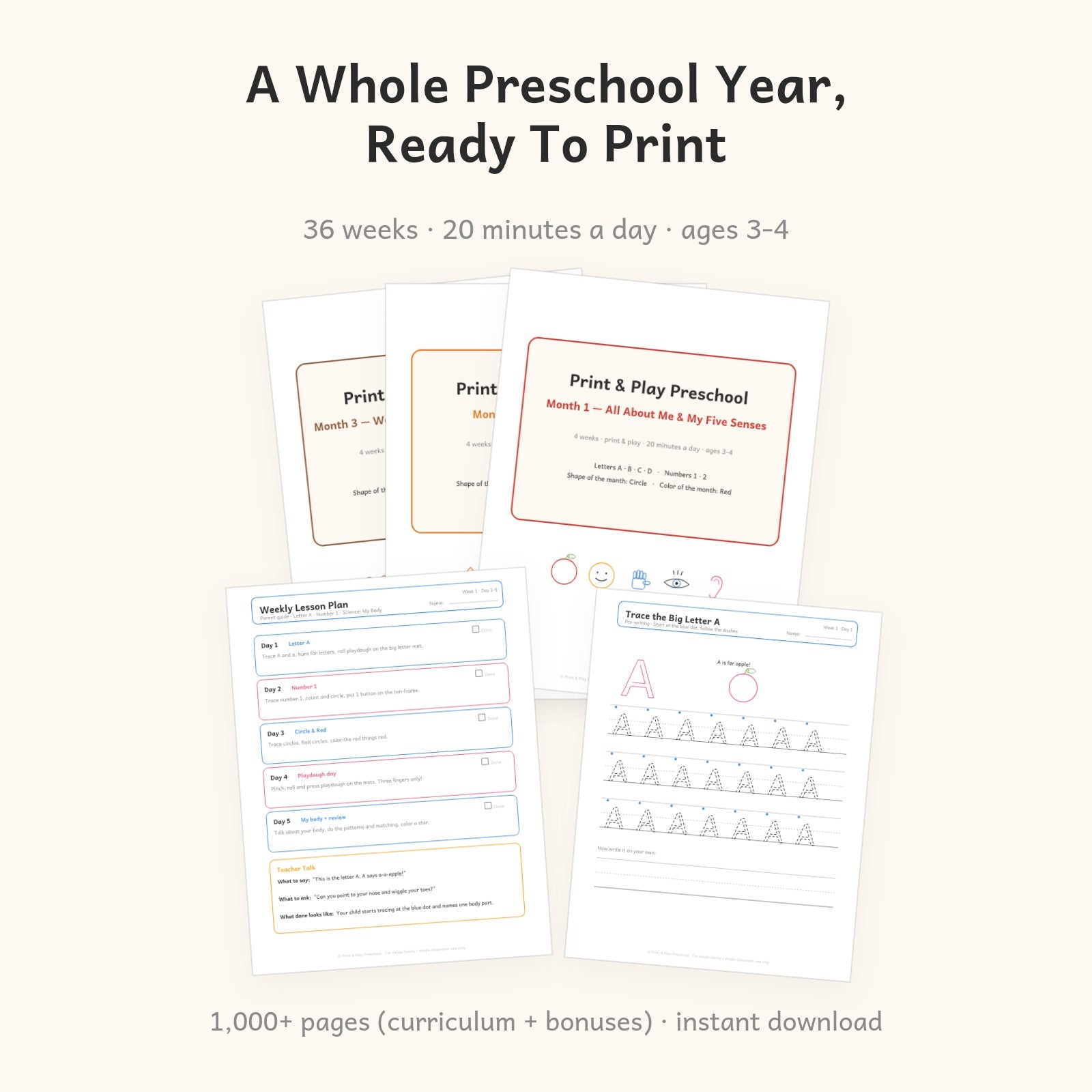 Print & Play Preschool — a whole preschool year ready to print: 36 weeks, 20 minutes a day, ages 3-4