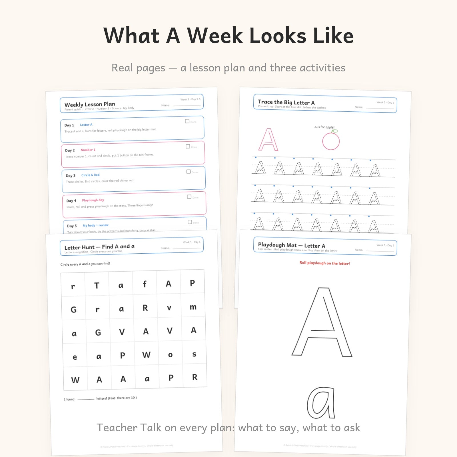 Inside a week: the weekly lesson plan with Teacher Talk, letter tracing, letter hunt and a playdough mat