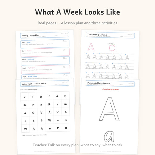 Inside a week: the weekly lesson plan with Teacher Talk, letter tracing, letter hunt and a playdough mat