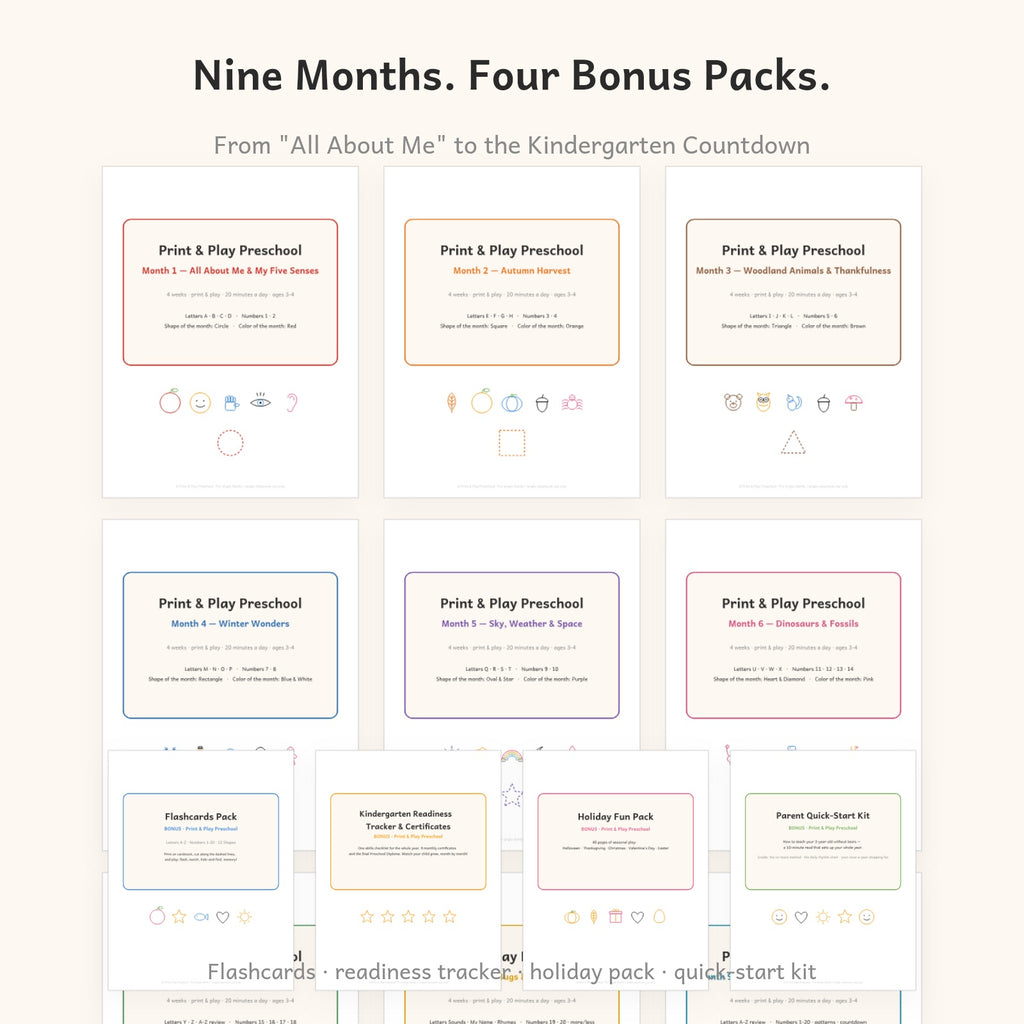 Nine monthly units and four bonus packs — flashcards, readiness tracker, holiday pack, quick-start kit