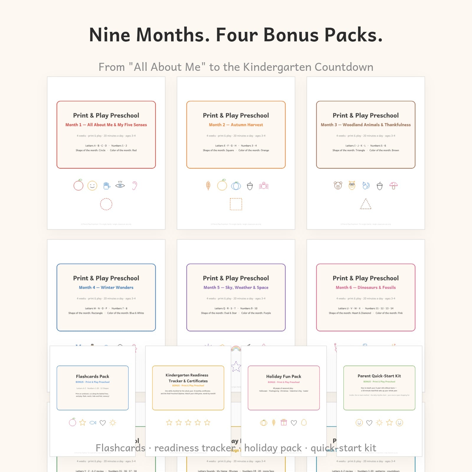 Nine monthly units and four bonus packs — flashcards, readiness tracker, holiday pack, quick-start kit