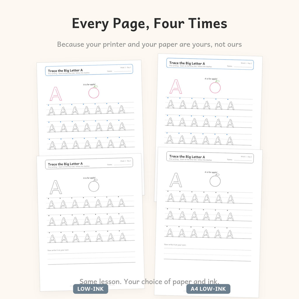 Every page in four versions: US Letter, A4, full color and a low-ink version