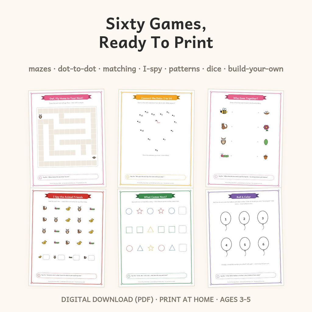 Six real game pages: maze, dot-to-dot, matching, I-spy, patterns and dice