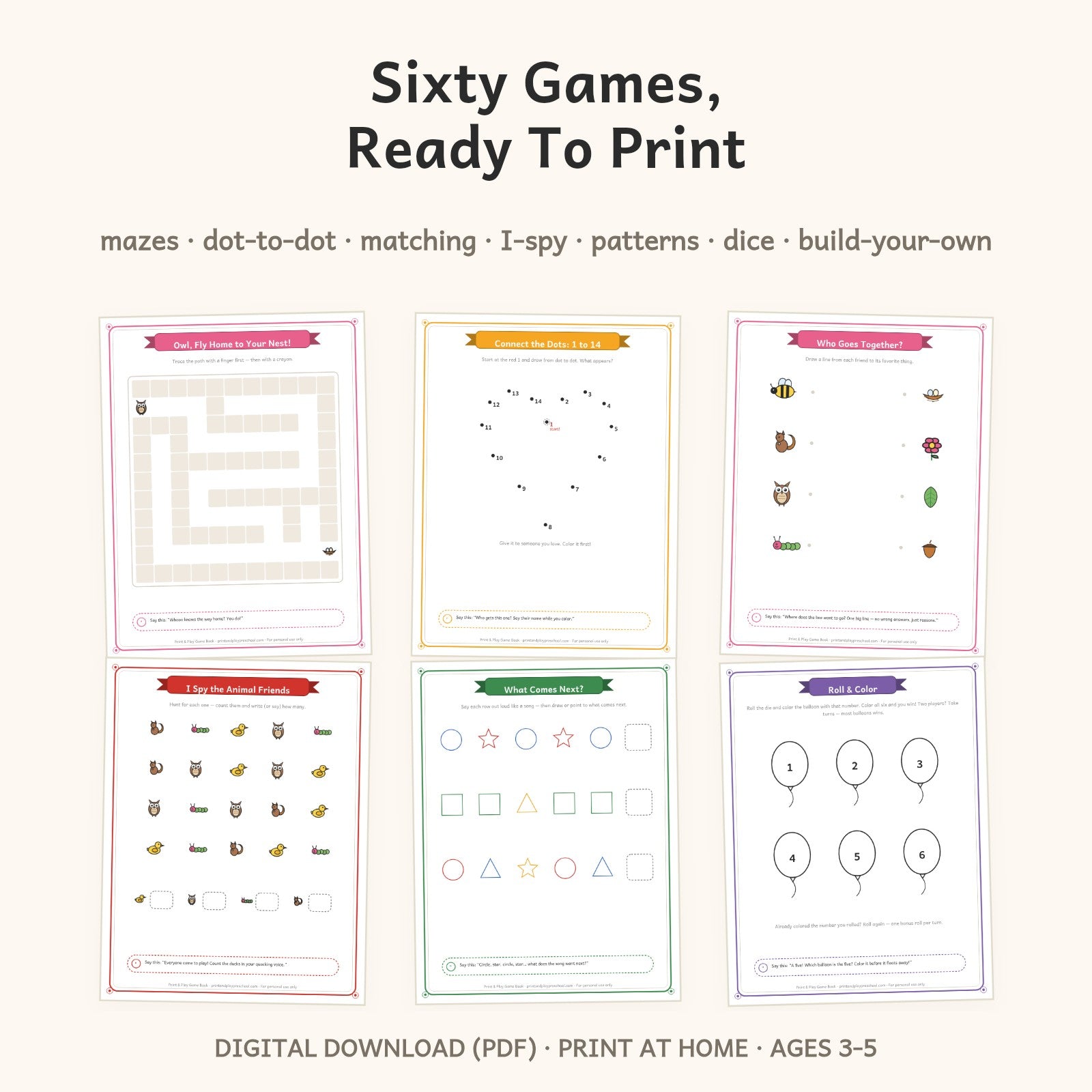 Six real game pages: maze, dot-to-dot, matching, I-spy, patterns and dice
