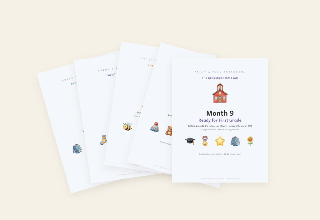 The Kindergarten Year: five of the nine monthly books, fanned