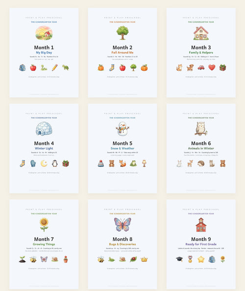 All nine monthly covers of The Kindergarten Year