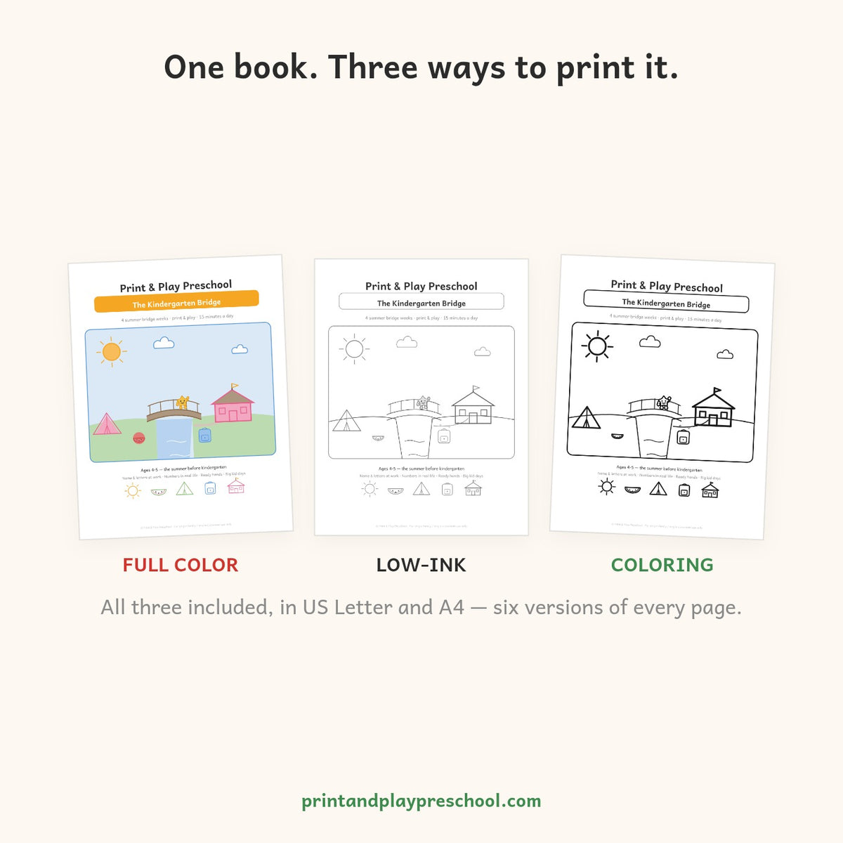 The Kindergarten Bridge in three editions - Full Color, Low-Ink and Coloring
