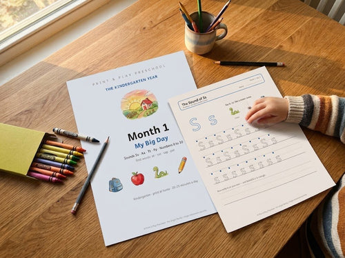 The Kindergarten Year printed on the kitchen table
