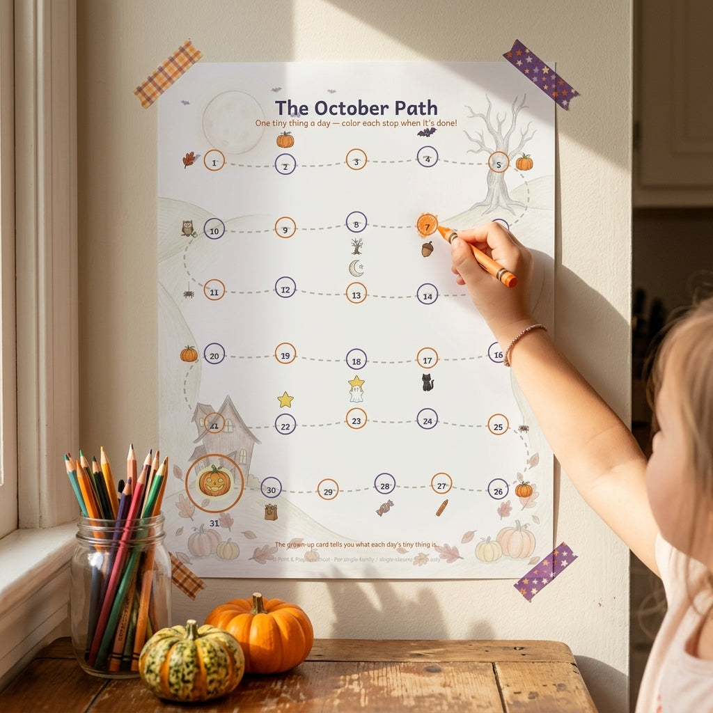 A child coloring one of the stops with an orange crayon