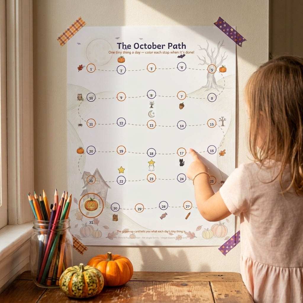 The October Path poster taped to a kitchen wall, a child pointing at one of the 31 stops