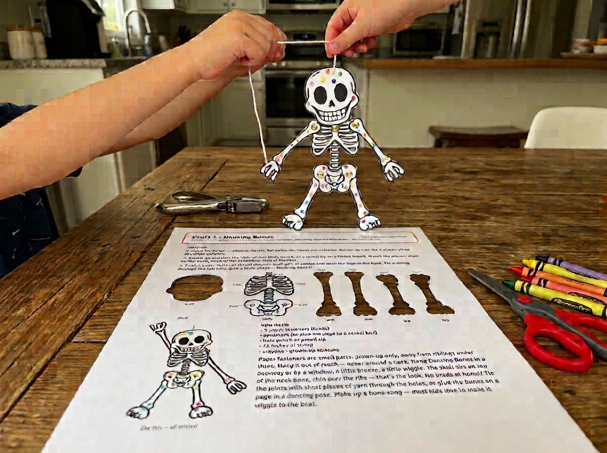 The Halloween Super Pack: the Dancing Bones puppet from Craft 1, cut out, joined with paper fasteners and held up by a child's hands next to the printed page