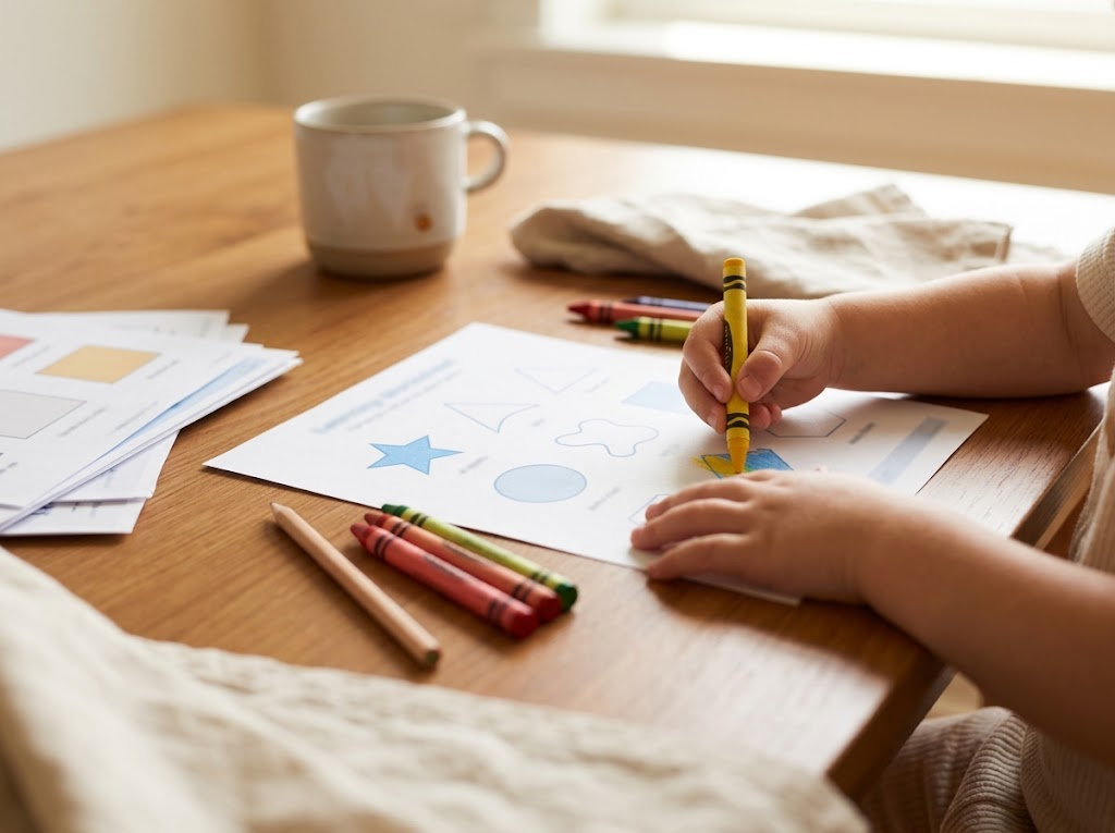 Coloring a printed page at the kitchen table