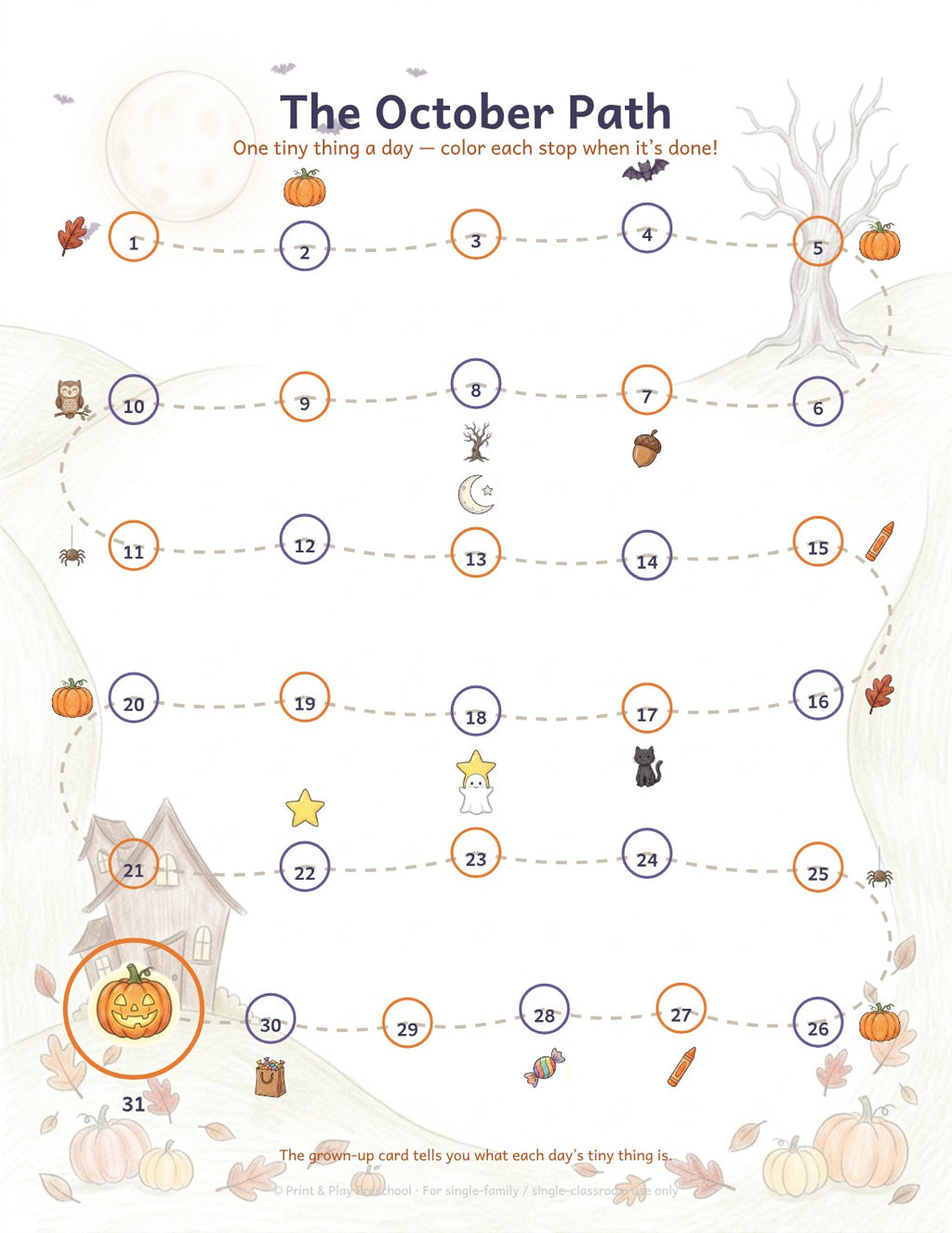 The October Path: 31 stops through an autumn scene, ending at the glowing jack-o-lantern