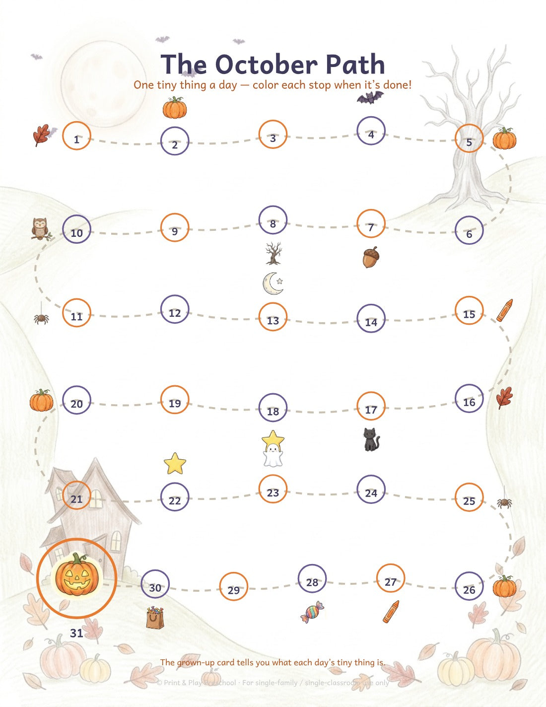The October Path: 31 stops through an autumn scene, ending at the glowing jack-o-lantern