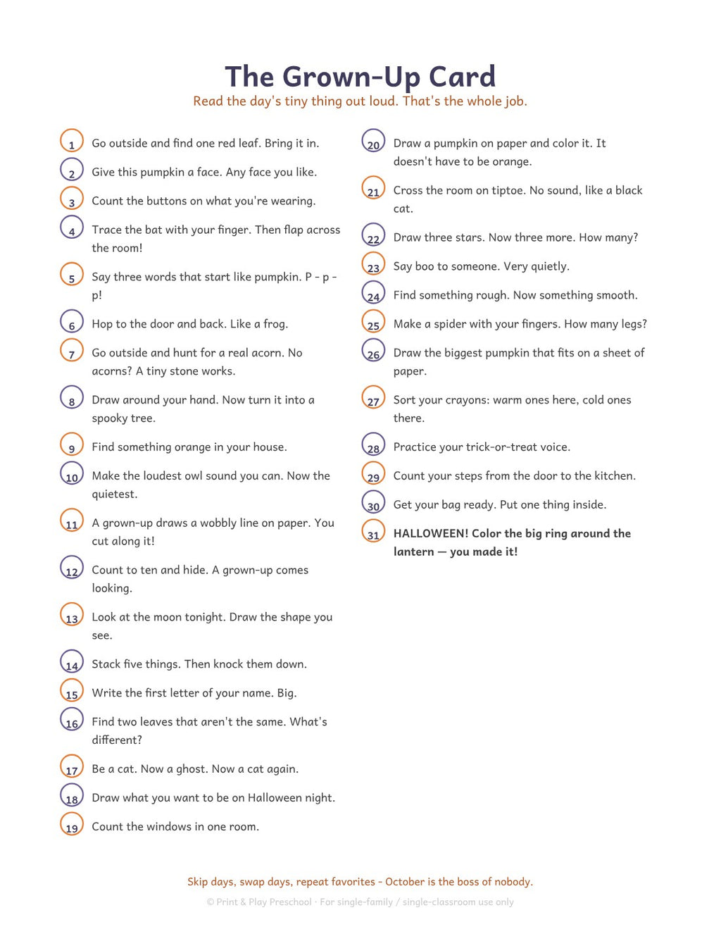 The Grown-Up Card: all 31 tiny things, one line per day