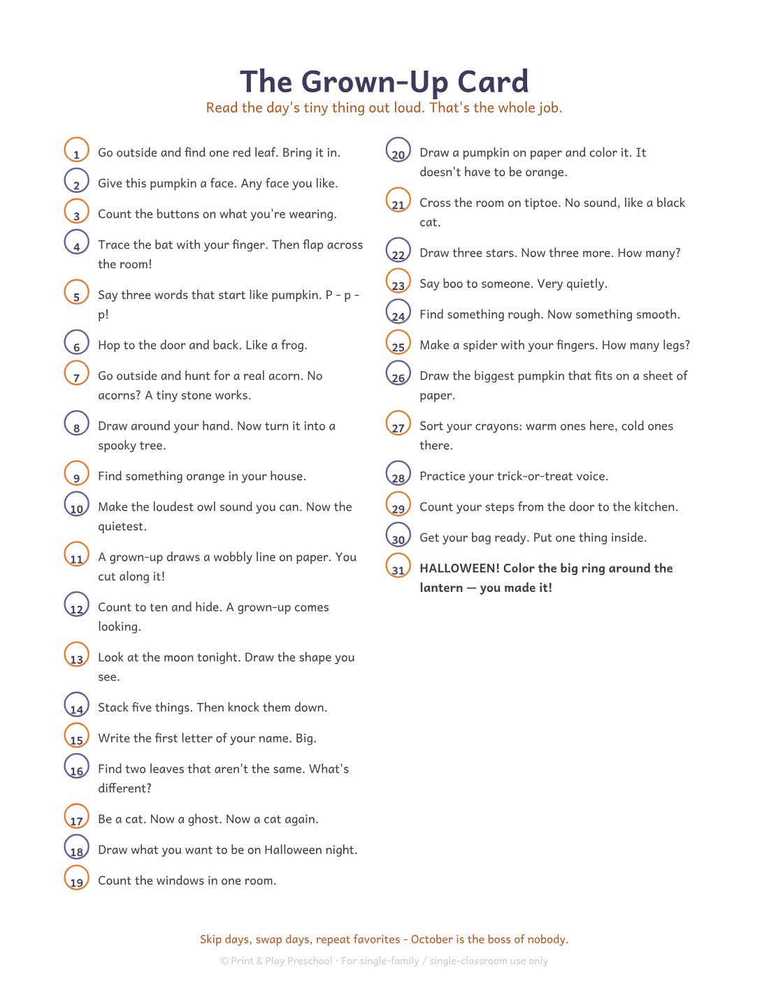 The Grown-Up Card: all 31 tiny things, one line per day