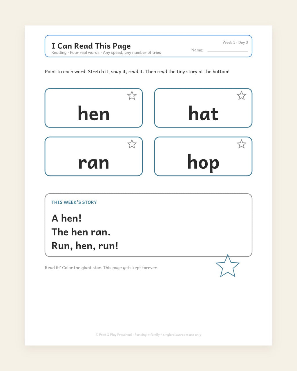 A weekly story page: the hen on the run