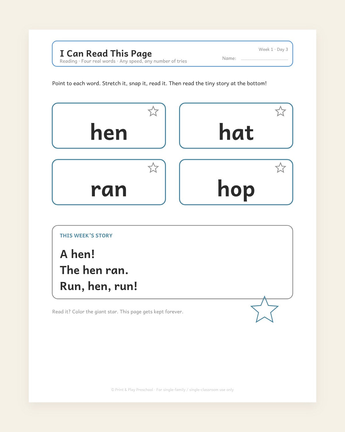 A weekly story page: the hen on the run