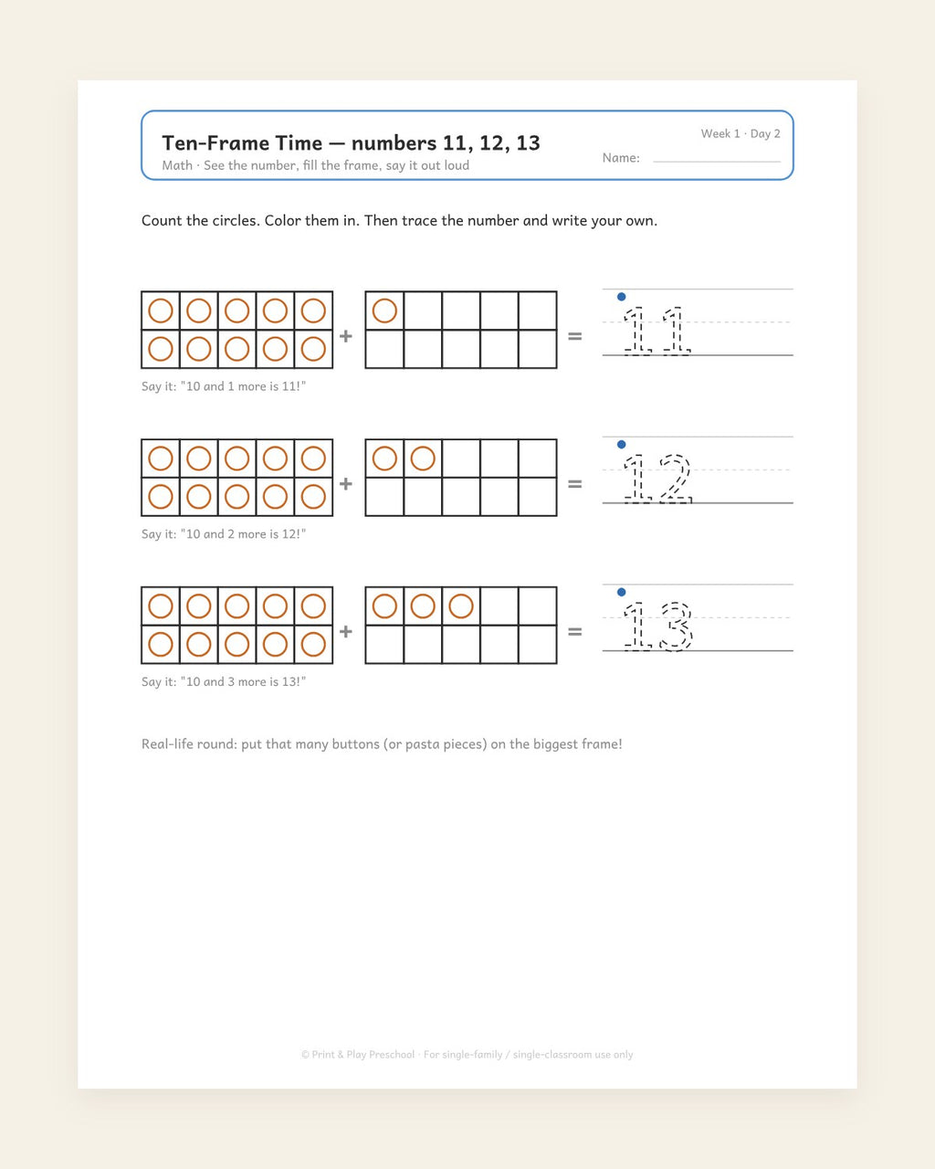 Teen numbers as ten and some more, on double ten-frames