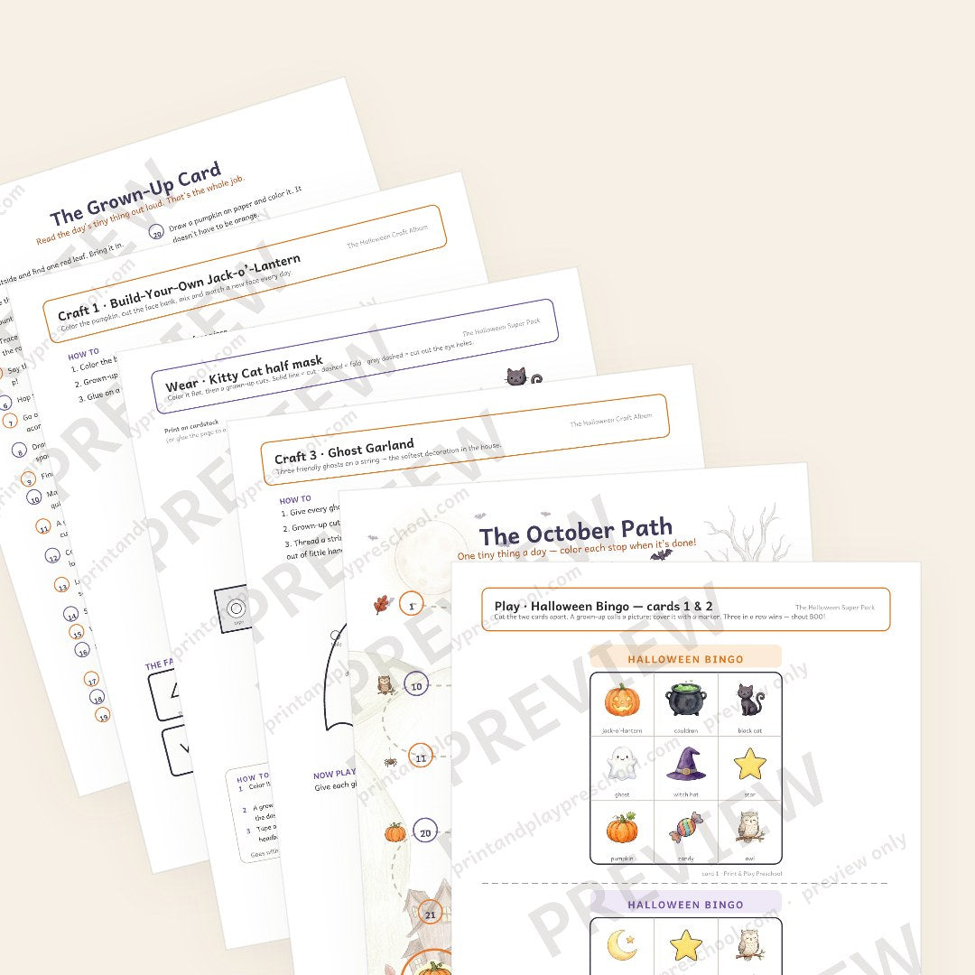 The Halloween Super Bundle — the three sets stacked: Halloween bingo, The October Path, the Ghost Garland, a Kitty Cat half mask, the Jack-o'-Lantern craft and the Grown-Up Card (watermarked preview)