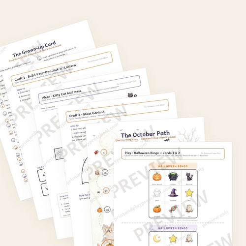 The Halloween Super Bundle — the three sets stacked: Halloween bingo, The October Path, the Ghost Garland, a Kitty Cat half mask, the Jack-o'-Lantern craft and the Grown-Up Card (watermarked preview)