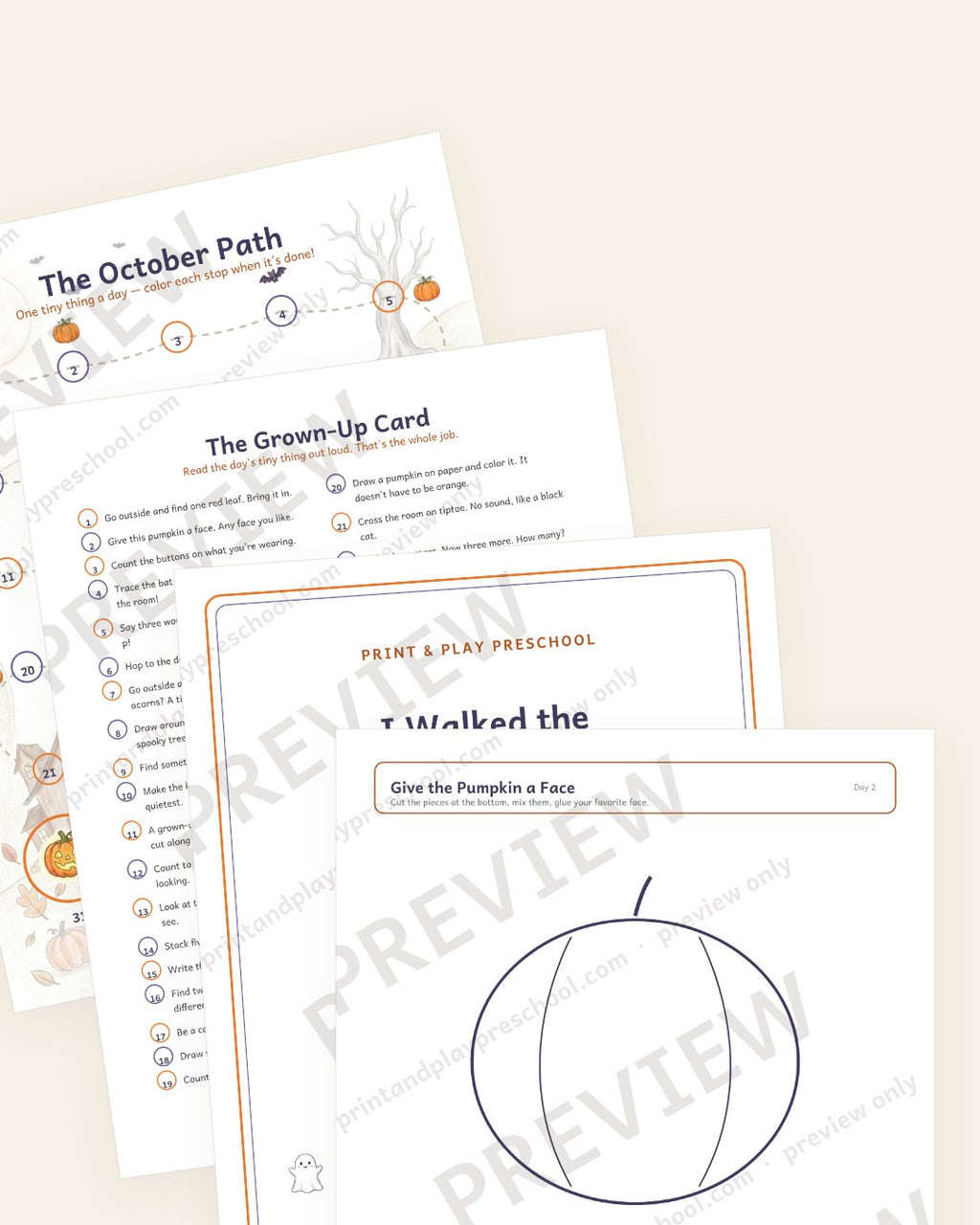The October Path — the 31-stop path and the Grown-Up Card, preview pages fanned out (watermarked preview)
