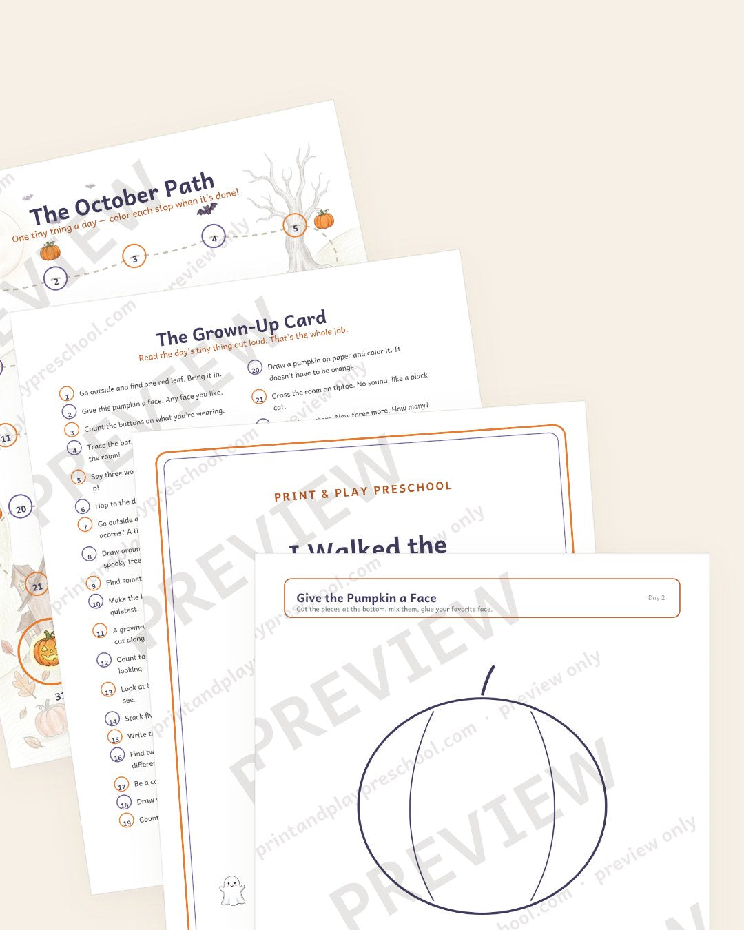 The October Path — the 31-stop path and the Grown-Up Card, preview pages fanned out (watermarked preview)