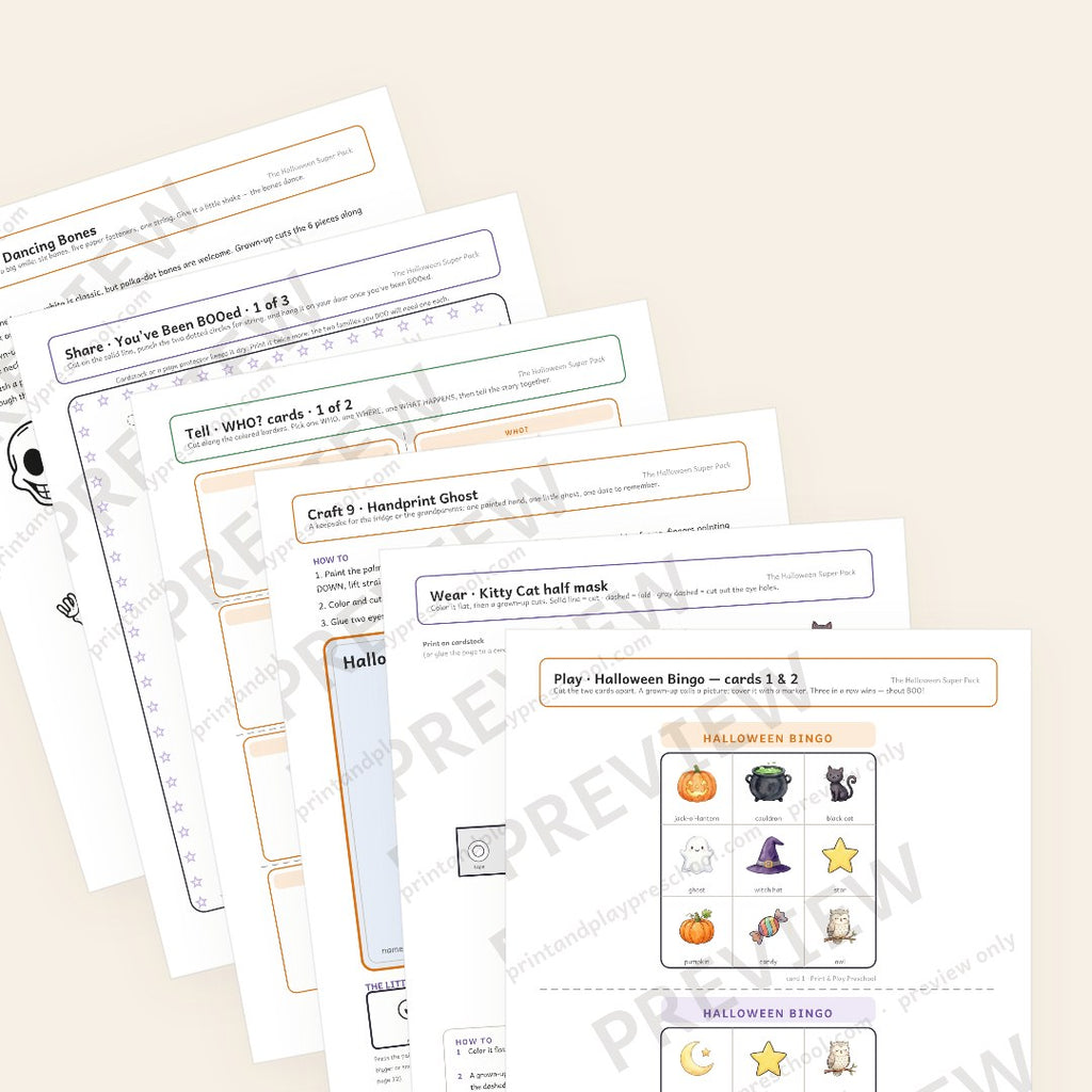 The Halloween Super Pack — preview pages fanned out: bingo, a half mask, a handprint keepsake, a story card and the You've Been BOOed sign (watermarked preview)