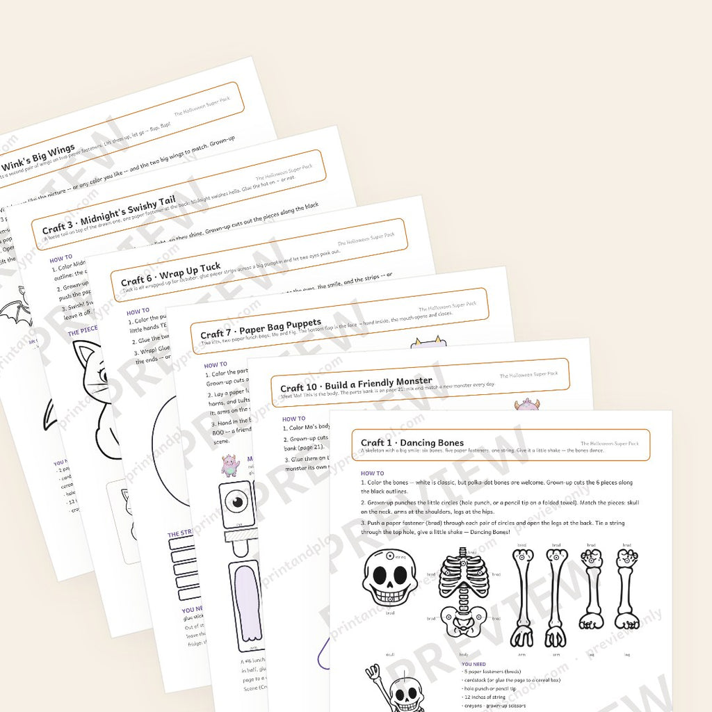 Make chapter preview: the Dancing Bones skeleton craft in front, then Build a Friendly Monster, the Paper Bag Puppets, Wrap Up Tuck, Midnight's Swishy Tail and Wink's Big Wings — six of the 12 crafts, three of them movers on paper fasteners. Watermarked preview.