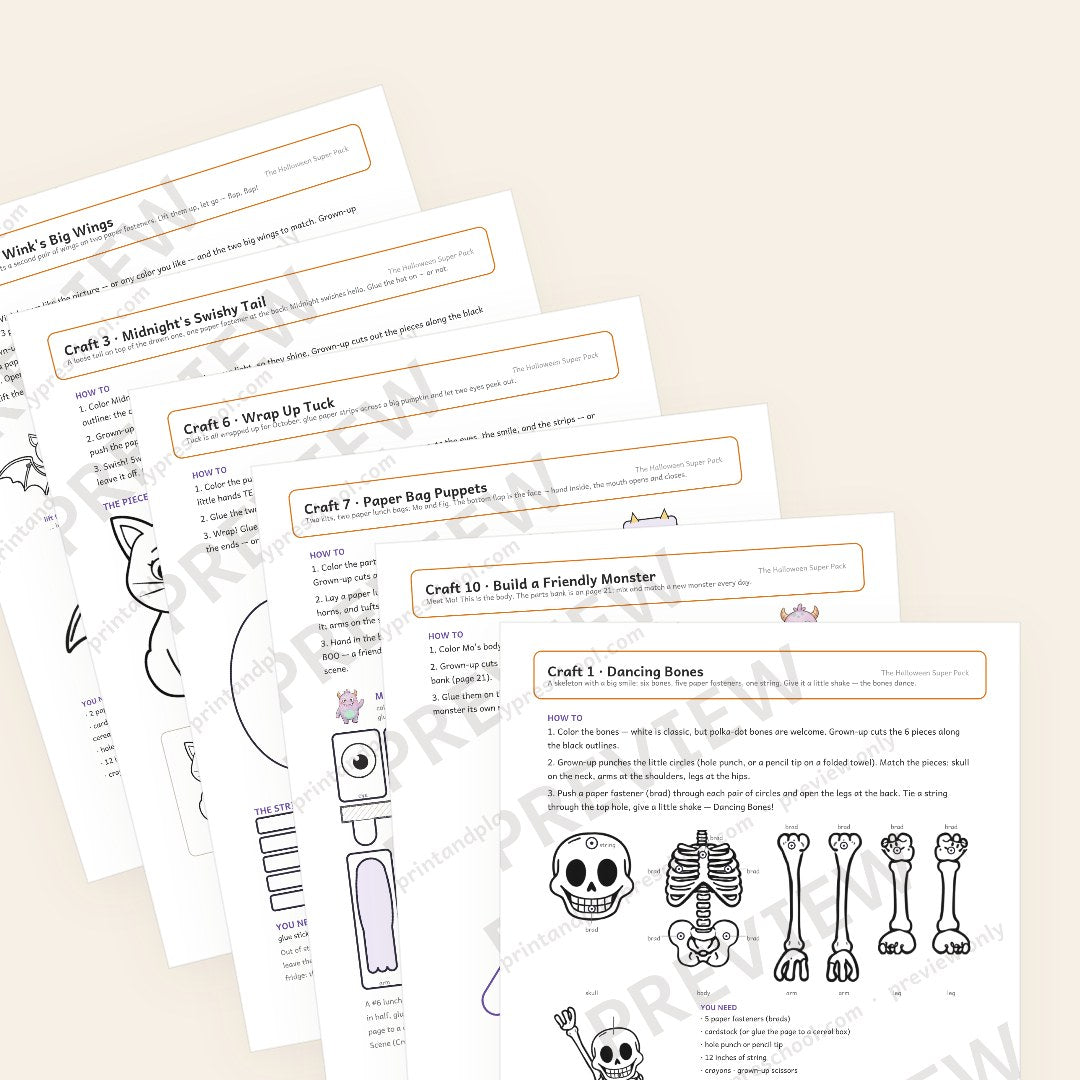 Make chapter preview: the Dancing Bones skeleton craft in front, then Build a Friendly Monster, the Paper Bag Puppets, Wrap Up Tuck, Midnight's Swishy Tail and Wink's Big Wings — six of the 12 crafts, three of them movers on paper fasteners. Watermarked preview.