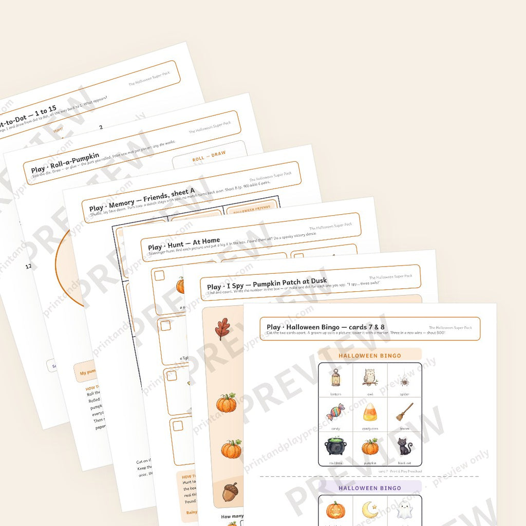 Play chapter preview: a Halloween bingo card in front, then an I Spy scene, the at-home scavenger hunt, a memory game sheet, Roll-a-Pumpkin and a dot-to-dot from 1 to 15. Watermarked preview.