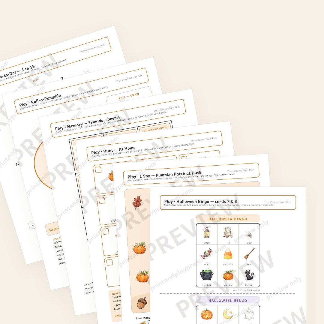 Play chapter preview: a Halloween bingo card in front, then an I Spy scene, the at-home scavenger hunt, a memory game sheet, Roll-a-Pumpkin and a dot-to-dot from 1 to 15. Watermarked preview.
