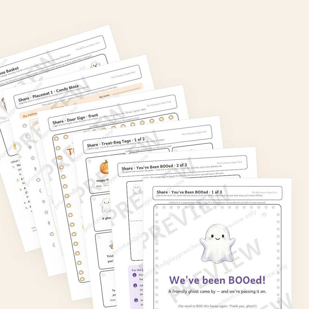 Bonus Share chapter preview: the We've Been BOOed door sign in front, then the BOO poem, treat-bag tags, the Trick or Treat Here door sign, a party placemat and the boo-basket card. Watermarked preview.