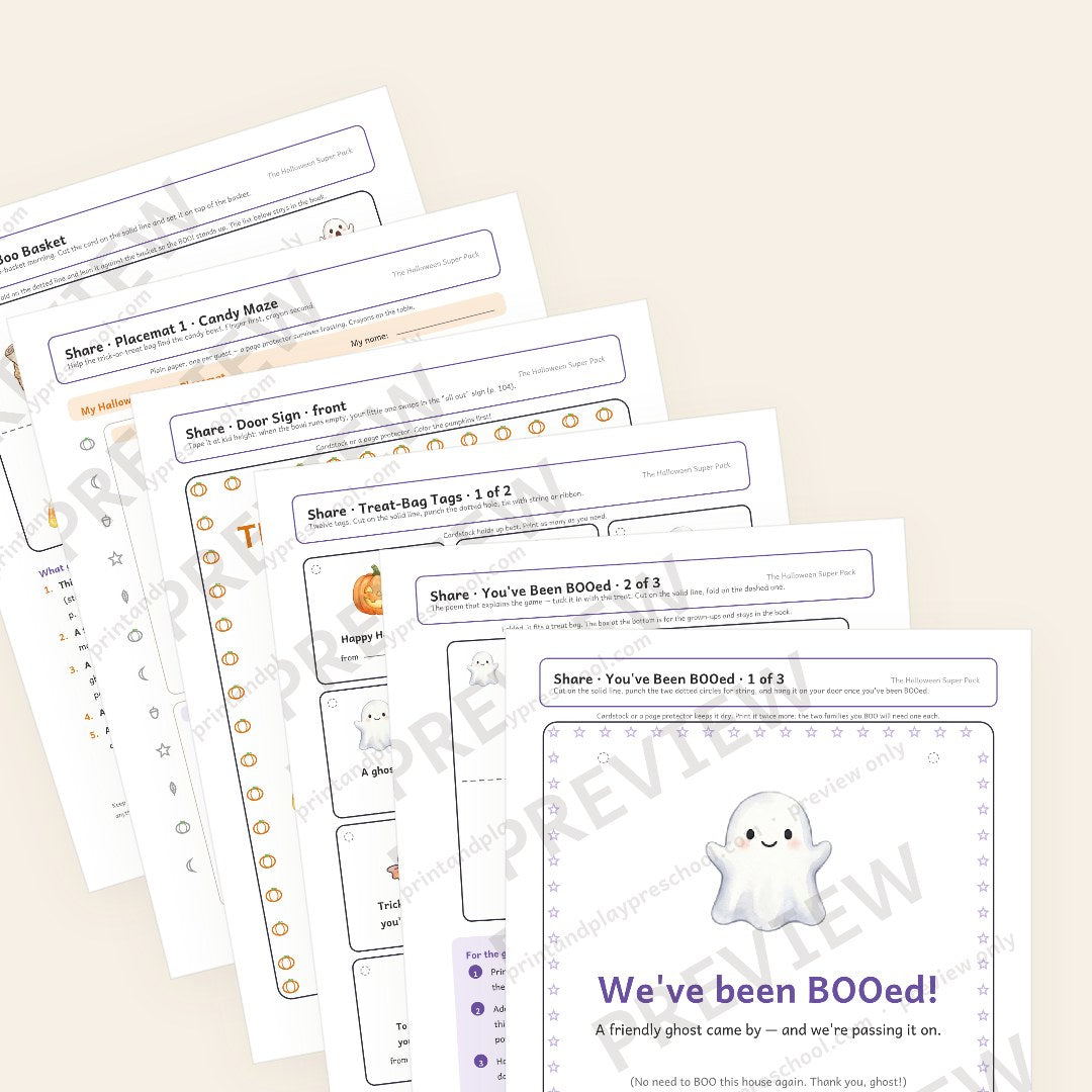 Bonus Share chapter preview: the We've Been BOOed door sign in front, then the BOO poem, treat-bag tags, the Trick or Treat Here door sign, a party placemat and the boo-basket card. Watermarked preview.