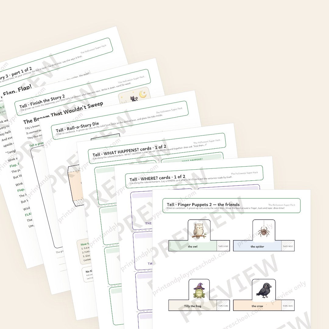 Tell chapter preview: finger puppets in front, then WHERE? and WHAT HAPPENS? story cards, the roll-a-story die to build, a Finish the Story page and a read-aloud story page. Watermarked preview.