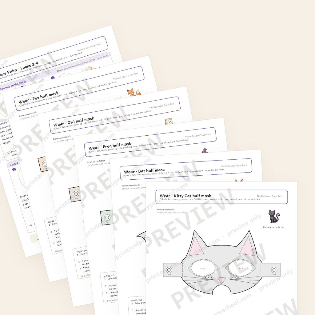 Wear chapter preview: paper half masks to color — Kitty Cat, bat, frog, owl and fox — and one page of three-step face-paint looks drawn on a plain face outline. Watermarked preview.