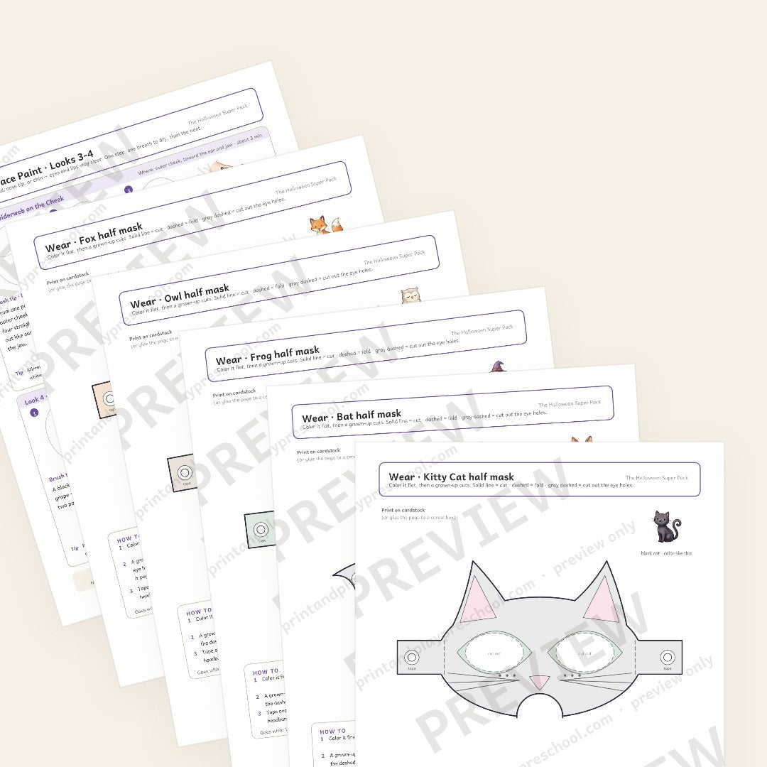 Wear chapter preview: paper half masks to color — Kitty Cat, bat, frog, owl and fox — and one page of three-step face-paint looks drawn on a plain face outline. Watermarked preview.